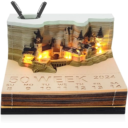 3D-Notizblock 2024 Tischkalender-Notizblock: Nizirioo 3D Castle Creative DIY-Notizen, kalender abreißen 2024, LED-Kalender mit Licht und Stifthalter, kreatives Papierskulptur-Bastel-DIY-Geschenk von Nizirioo