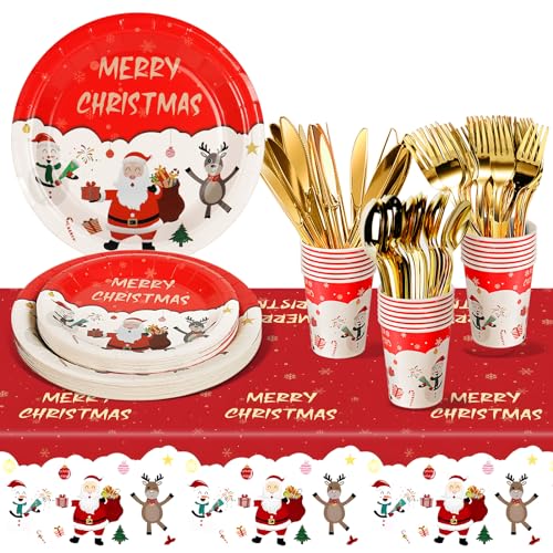 Nkaiso 141 Stück Weihnachten Partygeschirr Weihnachten Pappteller Geschirr Set Wiederverwendbar Weihnachten Deko Set Mit Tellern, Geschirr, Tischdecken, Pappbecher, Für Weihnachten Party -20 Gäste von Nkaiso