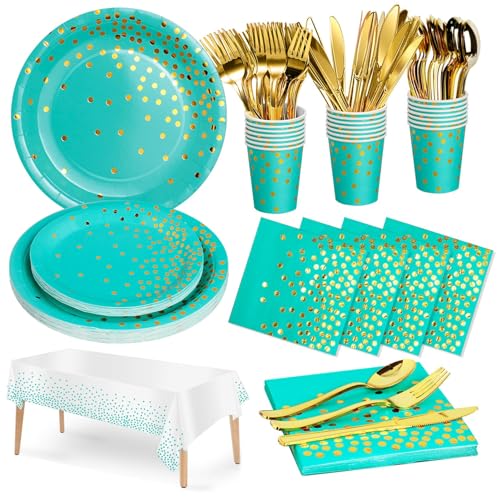 Nkaiso 141Stück Partygeschirr Blaugrün und Gold Partyzubehör Pappteller Set, Geburtstag Wiederverwendbar Papier Geschirr Set mit Teller Becher Servietten zum Hochzeiten Jubiläums -20 Gäste Nkaiso 141Stück Partygeschirr Blaugrün und Gold Partyzubehör Pappteller Set, Geburtstag Wiederverwendbar Papier Geschirr Set mit Teller Becher Servietten zum Hochzeiten Jubiläums -20 Gäste von Nkaiso