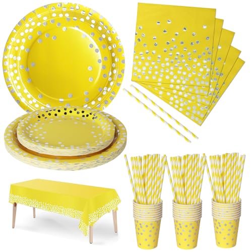 Nkaiso Partygeschirr Kindergeburtstag, 126 Stück Gelb und Silber Pappteller Kindergeburtstag Mädchen Party Set mit Partyteller, Pappbecher, Servietten und Strohhalme für 25 Gäste Nkaiso Partygeschirr Kindergeburtstag, 126 Stück Gelb und Silber Pappteller Kindergeburtstag Mädchen Party Set mit Partyteller, Pappbecher, Servietten und Strohhalme für 25 Gäste von Nkaiso