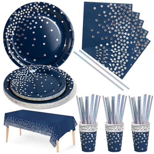 Nkaiso Partygeschirr Kindergeburtstag, 126 Stück Marineblau und Silber Pappteller Kindergeburtstag Mädchen Party Set mit Partyteller, Pappbecher, Servietten und Strohhalme für 25 Gäste von Nkaiso