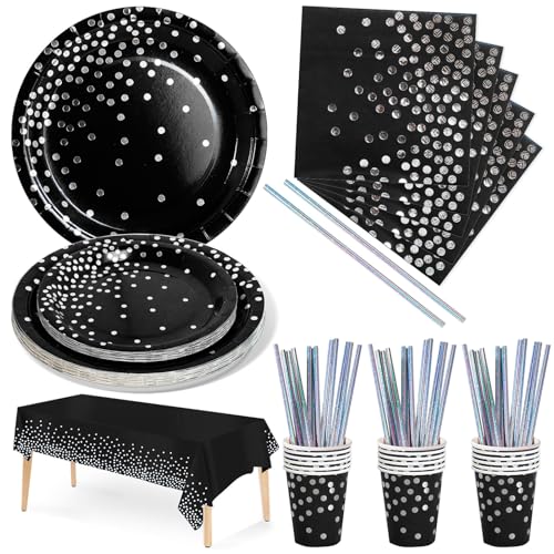 Nkaiso Partygeschirr Kindergeburtstag, 126 Stück Schwarz und Silber Pappteller Kindergeburtstag Mädchen Party Set mit Partyteller, Pappbecher, Servietten und Strohhalme für 25 Gäste von Nkaiso