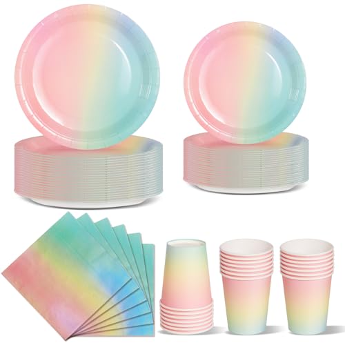 Nkaiso Regenbogen Partygeschirr, 96 Stück Bunt Pappteller, Party Pappteller Becher Servietten Partyteller Partyset Süße Party, für Feste und Feiern wie Geburtstag von Nkaiso