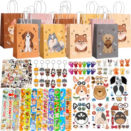 NlsqEU 122Pcs Hunde Party Mitgebsel Hunde Deko Kindergeburtstag Hunde Motto Geburtstagsparty Zubehör Hunde Geschenktüten Schlüsselanhänger Hunde Modell Spielzeug Spielzeug Stempel DIY Aufkleber von NlsqEU