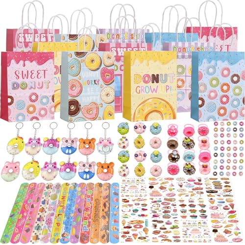 NlsqEU 84Pcs Donut Party Mitgebsel Kindergeburtstag, Donut Geschenktüten, Schlüsselanhänger, Schnapparmband, Tattoos, Aufkleber, Brosche, Nail Charms, Ring, Give Aways Mitbringsel Kindergeburtstag von NlsqEU