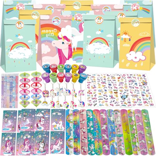 NlsqEU 96Stück Einhorn Party Mitgebsel Kindergeburtstag Einhorn Geburtstag Geschenktüten Spielzeug Stempel Schnapparmband Aufkleber Schwungkreisel, Einhorn Themen Geburtstagsfeier Zubehör von NlsqEU