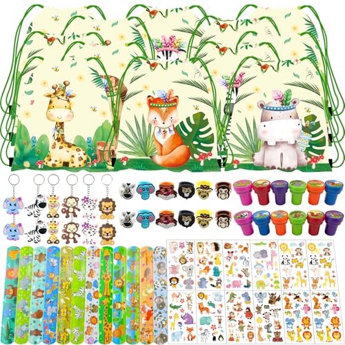 NlsqEU Dschungel Party Mitgebsel Set, Tiere Party Mitgebsel, Dschungel PartyMitgebsel, Tiere Geschenktüten, Schnapparmband, Schlüsselanhänger, Spielzeug Stempel, Aufkleber und Ring von NlsqEU