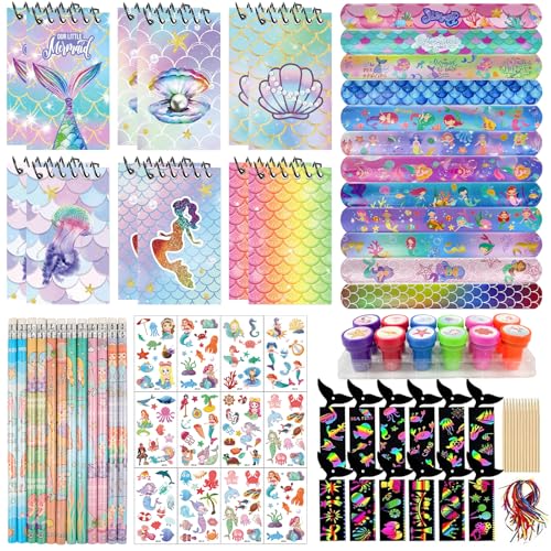 NlsqEU Meerjungfrau Party Mitgebsel,Meerjungfrau Kindergeburtstag, Stift, Notizbuch, Aufkleber, Stempel, Schnapparmband, Lesezeichen, Meerjungfrau Deko Geburtstag von NlsqEU