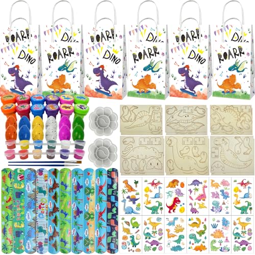 NlsqEU Dino Party Mitgebsel Kindergeburtstag, Geschenktüten, Schnapparmband, Stempel, DIY Holz Dinosaurier, Dinosaurier Egg, Aufkleber, Farbtöne, Pinsel, Mischpalette, Dino Deko Geburtstag von NlsqEU