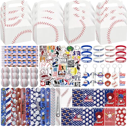 NlsqEU Baseball Mitgebsel Kindergeburtstag, Geschenktüten, Schnapparmband, Baseball, Schlüsselanhänger, Silikonarmband, Aufkleber, Notizbuch, Stift, Baseball Themen Geburtstagsfeier Zubehör von NlsqEU