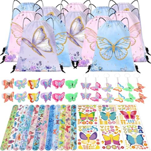 NlsqEU Schmetterling Party Mitgebsel Kindergeburtstag Mädchen, Deko Geburtstag, Geschenktüten Tattoos Aufkleber Schnapparmband Schlüsselanhänger Ring von NlsqEU