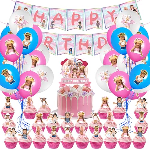 NlsqUK Roblx Geburtstagsdekorationen, Spielthema, Roblx Partyzubehör für Mädchen, einschließlich Kuchendekoration, Banner, Luftballons für Kinderpartys, Aktivitäten, 44 Stück von NlsqUK