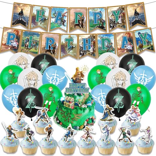 NlsqUK Zelda-Party-Dekorationen für Kinder, Spielthema, Legend of Zelda, Geburtstagsdekorationen, Zubehör, inklusive Happy Birthday-Banner, Kuchendekoration, Luftballons, 30 Stück von NlsqUK