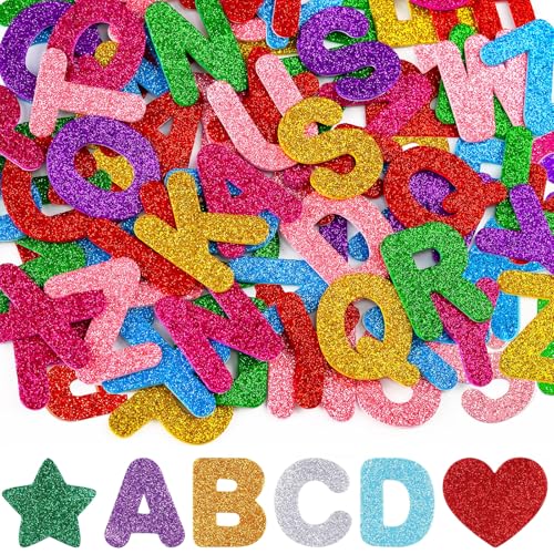 Noaxylic 215 Stück Moosgummi Buchstaben Selbstklebend, Moosgummi Zahlen, Bunte Glitzer Buchstaben zum Aufkleben, Alphabet Stern Herz Sticker, für Kinder Namensaufkleber DIY Handwerk von Noaxylic