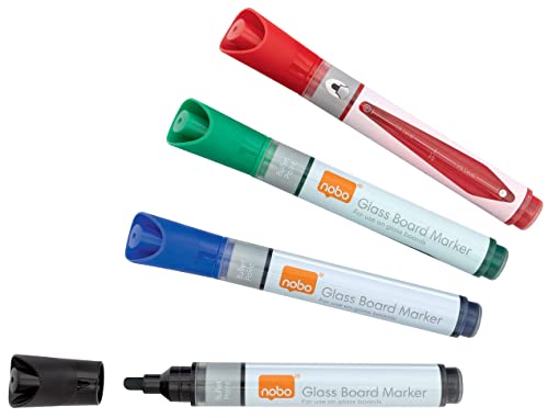 Nobo Liquid Ink Whiteboard-Marker für Glas-Whiteboards, 3 mm Rundspitze, 4er-Set, Schwarz, Rot, Grün, Blau, trocken abwischbar, Non-Permanent-Stift für Präsentationen in der Schule oder Büro, 1905324 von Nobo