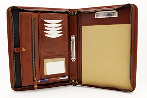 Leder 2 Ring Binder professionellen Business Portfolio w/Reißverschluss Schließung | Resume, Dokument, Notizblock, Tablet, Schreiben Pad Organizer | Männer, Frauen Klemmbrett cognac von Noda
