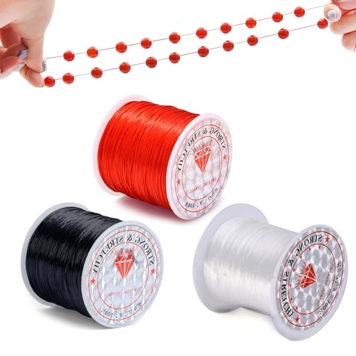 Nylonschnur Gummiband Nylonfaden Schmuckdraht Elastisches Elastic Elastisch Armband Band Perlenband Gummifaden Schnur für Armbänder, 0,8MM 3 Bände (Rot Schwarz Transparent 50M) von Noekye
