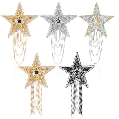 5 Stück Strass-Stern-Aufnäher zum Aufbügeln mit Ketten, Quaste, Reparaturflicken, modische Applikationen, Abzeichen für Kleidung, Kleid, Hut, Tasche, Jacke, Schuhe, Kleidung, DIY-Dekoration 5 Stück Strass-Stern-Aufnäher zum Aufbügeln mit Ketten, Quaste, Reparaturflicken, modische Applikationen, Abzeichen für Kleidung, Kleid, Hut, Tasche, Jacke, Schuhe, Kleidung, DIY-Dekoration von Nogeqi