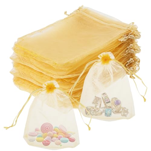 Nogeqi 100 Stück Gold Organzasäckchen 13x18, Organza Säckchen mit Kordelzug, Kleine Tüten für Süßigkeiten, Säckchen zum Befüllen Wiederverwendbare für Lavendel Hochzeit Süßigkeiten und Party-Deko von Nogeqi