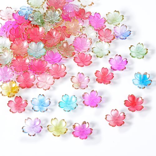 Nogeqi 100 Stück Kirschblüten Acryl Blumenperlen, Blumen Perlen Charms für Armbänder, Goldrand Blütenblatt Farbverlaufs Blumen Zwischenperlen für Diy Schmuckherstellung Armband Halsketten Basteln von Nogeqi