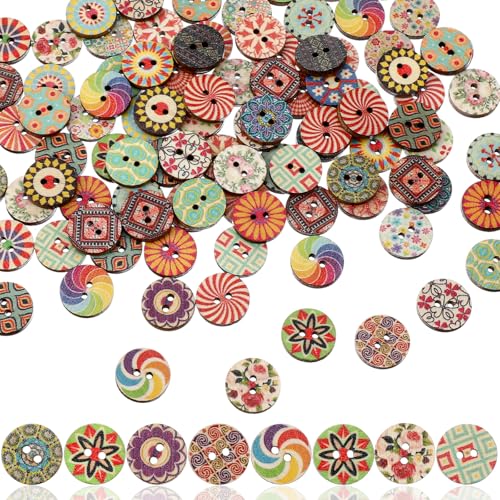 Nogeqi 100 Stück sortierte Vintage-Holzknöpfe, 1,5 cm, natürliches Holz, runde Blumenmuster, dekorative Knöpfe für Bastelarbeiten, Nähen, Stricken, Scrapbooking, 2 Löcher von Nogeqi