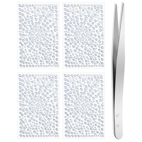 Nogeqi 1300 Stück Glitzersteine Selbstklebend Gesicht (4 Blatt, Silber), 3/4/5/6mm Selbstklebende Glitzersteine zum Basteln, Glitzer Sticker Rhinestones, Strasssteine Selbstklebend mit Pinzette von Nogeqi