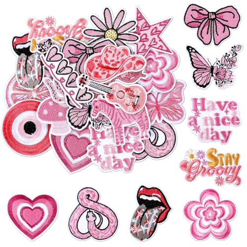 Nogeqi 20 Stück Pink Patches zum Aufbügeln, Rosa Flicken zum Aufbügeln Mädchen Aufbügler Aufnäher Western Cowgirl Bügelbilder für Textilien, Pink Embroidered Patches für Rucksäcke Kleidung Jeans von Nogeqi