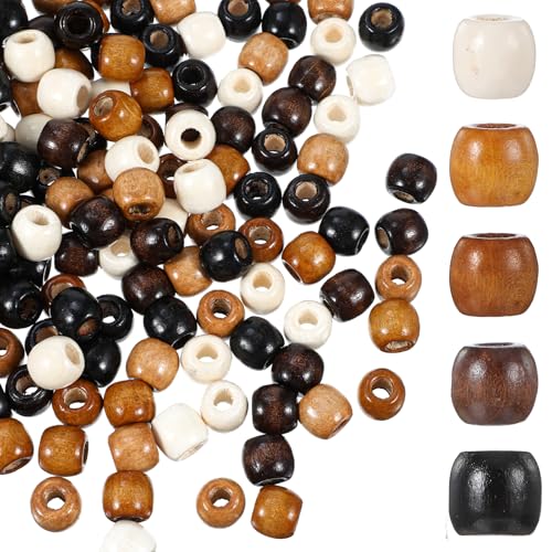 Nogeqi 200 Stück Holzperlen mit Großem Loch, 5 Natürliche Farben Wooden Beads, Holz Perlen Bastelperlen für Auffädeln Dreadlocks Schmuckherstellung 12mm Größe mit 5mm Lochdurchmesser von Nogeqi