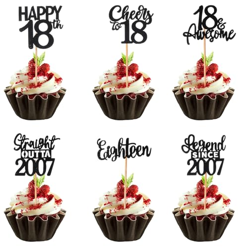 Nogeqi 24 Stück 18. Geburtstag Cupcake Topper, 18 Geburtstag Tortendeko Schwarz Glitzer Happy 18th Kuchen Deko, 18 von 2007 Torten Topper für 18. Jahre Junge Mädchen Geburtstagsdeko Party Dekoration von Nogeqi