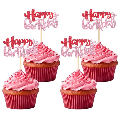 Nogeqi 24 Stück Glitzer Happy Birthday Tortendeko Cake Topper Geburtstag Cupcake Deko, Muffin Deko Papier Kuchendeko für Geburtstagsfeier Zubehör Party Dekoration (Rosa) von Nogeqi