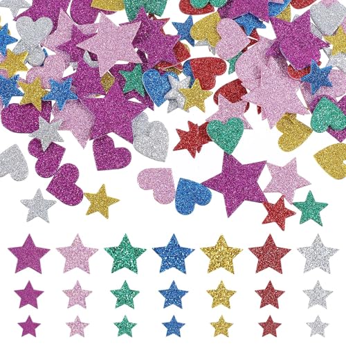 Nogeqi 320 Stück Glitter Schaumstoff Aufkleber, Bunte Sterne und Herz Schaum Aufkleber Bulk Selbstklebend Glitzernde Schaumstoff Sticker für Kinder Basteln DIY Scrapbooking Wand Karten Dekoration von Nogeqi