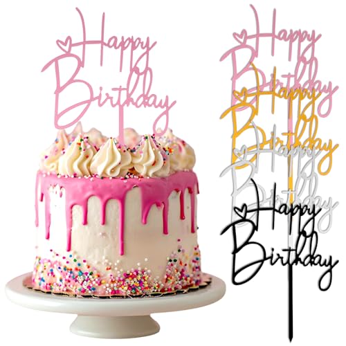 Nogeqi 4 Stück Happy Birthday Tortendeko, Acryl Tortendeko Geburtstag, Torten Deko, Happy Birthday Cake Topper Wiederverwendbare (Gold, Roségold, Silber & Schwarz) für Geburtstagsfeiern 14,5x10cm von Nogeqi