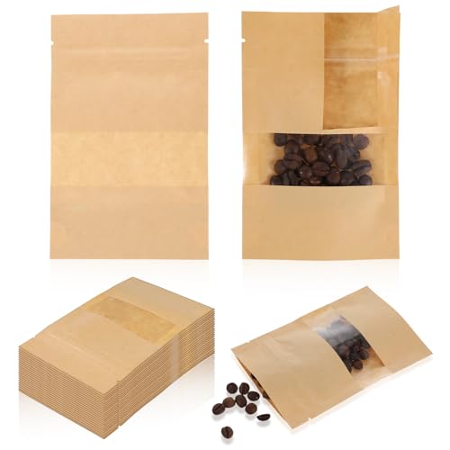 Nogeqi 50 Stück Gewürztüten mit Fenster Kleine Samentütchen Braun Papiertüten Klein Wiederverschließbare Kraftpapier Tüten 14x9cm für Saatgut Blume Tee Süßigkeit Nüsse Kaffeebohn Gewürze Lagerung von Nogeqi