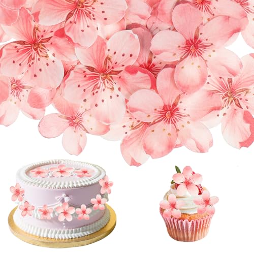 Nogeqi 50 Stück Kirschblüten Tortendeko Essbar, Blumen Esspapier Tortendeko, Rosa Essbare Blüten Torten Deko, Wafer Paper für Torten für Cupcake Topper Hochzeit Geburtstag Kuchen Deko Jubiläum von Nogeqi