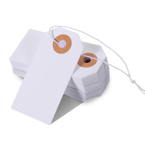 Nogeqi 50 Stück Weiß Preisschilder Etiketten Aus Kraftpapier 70 x 35 Mm Preisetiketten, Handmade Label Hängeetiketten Handbeschreibbare mit Schnur für Flohmarkt, Geschenke, Kleidung, Schmuck Diy von Nogeqi