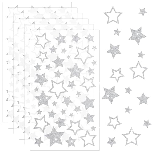 Nogeqi 6 Blatt Silber Sterne Sticker Glitzer, Hohle Stern Aufkleber, Sterne zum Aufkleben, Klebesterne Star Stickers, Glitzersterne Für Scrapbooking Diy-Grußkarten Weihnachten Bastelarbeiten von Nogeqi