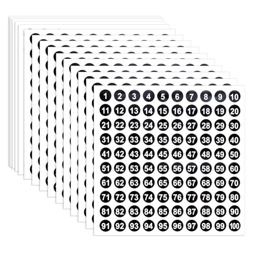 Nogeqi 60 Blatt Zahlen Aufkleber 1 bis 100, Schwarz Klein Klebezahlen Wetterfest Zahlen zum Aufkleben, Number Stickers Runde Zahlenaufkleber 1–100 für Büro Heim Schließfach, 10mm, 6000 Stück von Nogeqi