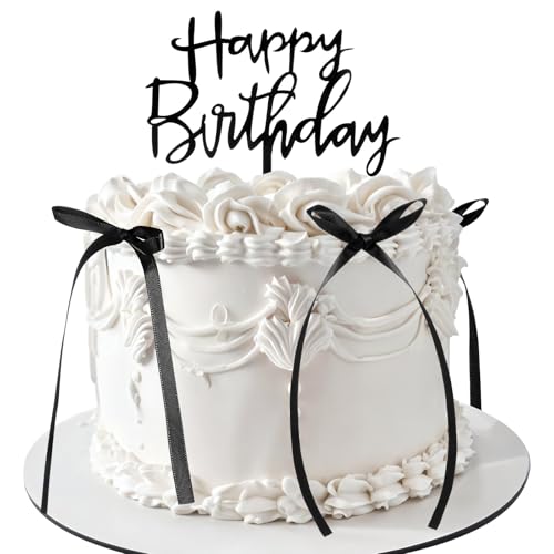 Nogeqi 7 Stück Happy Birthday Tortendeko Schwarz Cake Topper Geburtstag mit 6 Schwarze Schleifen Torten Deko, Tortendeko Geburtstag Schleife Kuchen Deko Happy Birthday Tortenstecker von Nogeqi