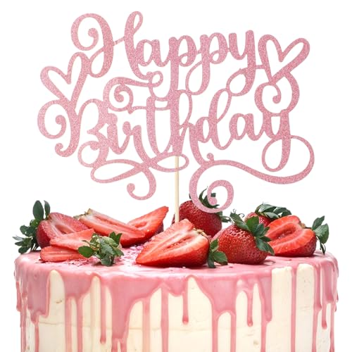 Nogeqi Rosa Happy Birthday Tortendeko Mädchen, Glitzer Cake Topper Geburtstag Kuchen Deko Geburtstag Tortenstecker, Tortentopper Happy Birthday Torten Deko, Geburtstagskuchen Dekoration Mädchen Frau von Nogeqi