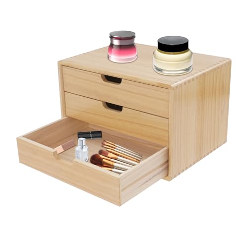 Schubladenbox, Schreibtisch Organizer Holz mit 3 Schubladen, Handgefertigt, Holzkiste, Büro Organizer, Dokumentenablage, Holz Tischkommode zur Aufbewahrung, 35 * 26 * 23cm (Holzfarbe) von NoneDanGee