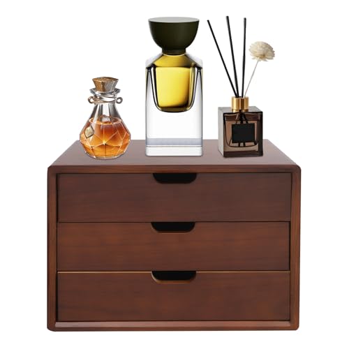 Schubladenbox, Schreibtisch Organizer Holz mit 3 Schubladen, Handgefertigt, Holzkiste, Büro Organizer, Dokumentenablage, Holz Tischkommode zur Aufbewahrung, 35 * 26 * 23cm (Nussbraun) von NoneDanGee