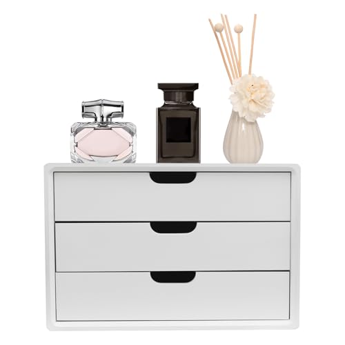 Schubladenbox, Schreibtisch Organizer Holz mit 3 Schubladen, Handgefertigt, Holzkiste, Büro Organizer, Dokumentenablage, Holz Tischkommode zur Aufbewahrung, 35 * 26 * 23cm (Weiß) von NoneDanGee