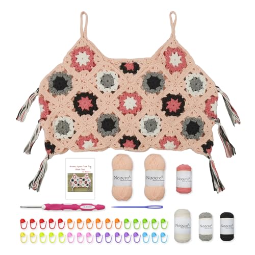 Noocro Granny Square Crochet Tank Top Kit - DIY Garn Kit mit Haken, Maschenmarkierern, detaillierter Anleitung & Video-Tutorial - für fortgeschrittene oder ambitionierte Anfänger (Blush Clay) von Noocro