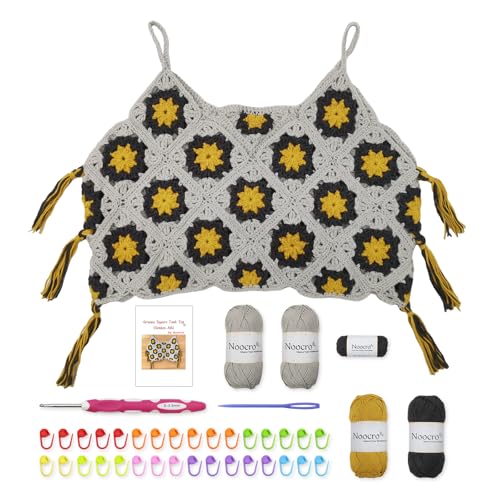 Noocro Granny Square Crochet Tank Top Kit - DIY Garn Kit mit Haken, Maschenmarkierern, detaillierter Anleitung & Video-Tutorial - für fortgeschrittene oder ambitionierte Anfänger (Golden Ash) von Noocro