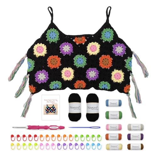 Noocro Granny Square Crochet Tank Top Kit - DIY Garn Kit mit Haken, Maschenmarkierern, detaillierter Anleitung & Video-Tutorial - für fortgeschrittene oder ambitionierte Anfänger (Schwarzer Regenbogen Noocro Granny Square Crochet Tank Top Kit - DIY Garn Kit mit Haken, Maschenmarkierern, detaillierter Anleitung & Video-Tutorial - für fortgeschrittene oder ambitionierte Anfänger (Schwarzer Regenbogen von Noocro