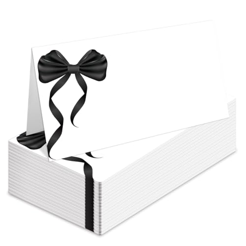 Tischkarten mit schwarzer Schleife, für Hochzeit, Geburtstag, Party, mit Schleife gefüllte Namens-Tischkarten, faltbare Sitztischkarten (gefaltet auf 8,9 x 5,1 cm), B03, 25 Stück von Nopoben