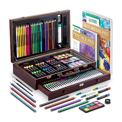 Mal-Set XXL144 von Norberg & Linden, inklusive Holzkasten Schiebern, Enthält Wachsmalstifte, Ölpastellkreiden, Aquarellfarben, Buntstifte, Spitzer Skizzenblock von Norberg & Linden