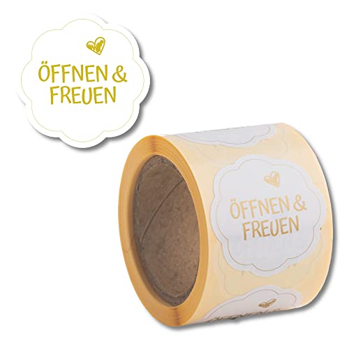 Geschenkaufkleber Öffnen und Freuen 200 Stück d40mm - blumenförmige Etiketten auf Rolle, Weiß/Gold von Nord Tape