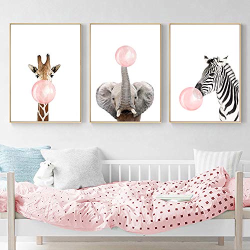 3 Bilder Tiere Kaugummi 50x70 Wandposter Babyzimmer Mädchen Rose Grau Poster Safari Kinderzimmer Elefant Giraffe Zebra Wandbilder Leinwand ohne Rahmen von Nordic Ideas