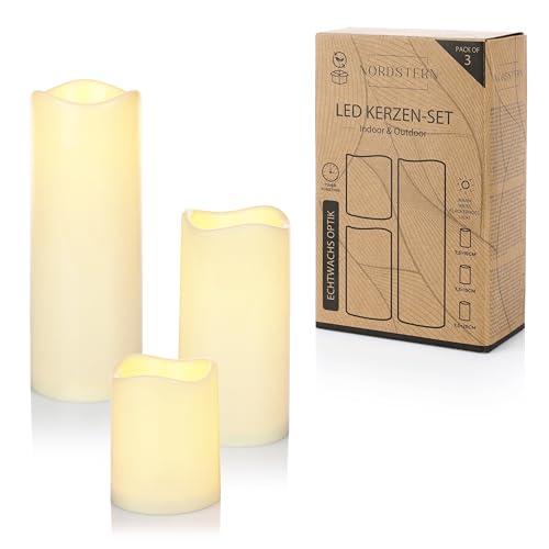 Nordstern LED Kerzen 3er Set - Stumpenkerzen mit flackernden Licht und Timerfunktion - 6 h Warmweißes batteriebetriebenes Licht - Indoor & Outdoor Nordstern LED Kerzen 3er Set - Stumpenkerzen mit flackernden Licht und Timerfunktion - 6 h Warmweißes batteriebetriebenes Licht - Indoor & Outdoor von Nordstern